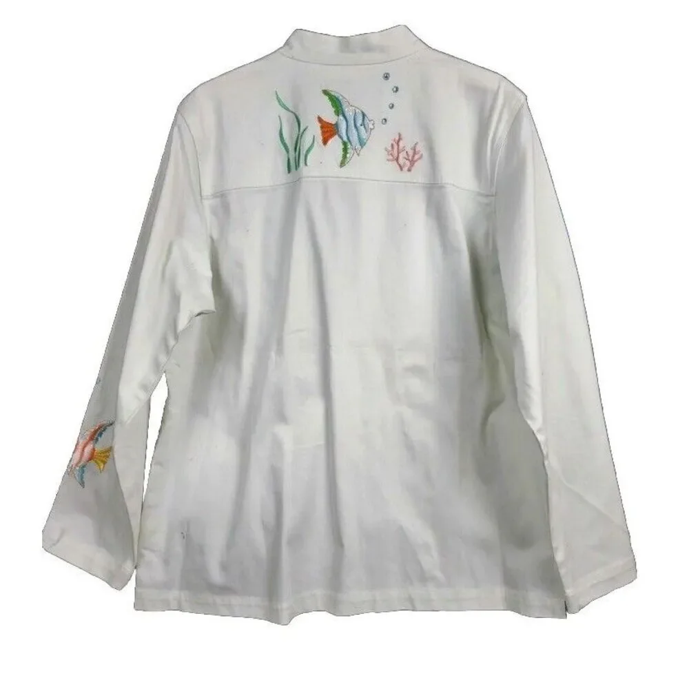 Quacker Factory‎ White Jacket Medium Fish Embroidered Rhinestone - Picture 2 of 10